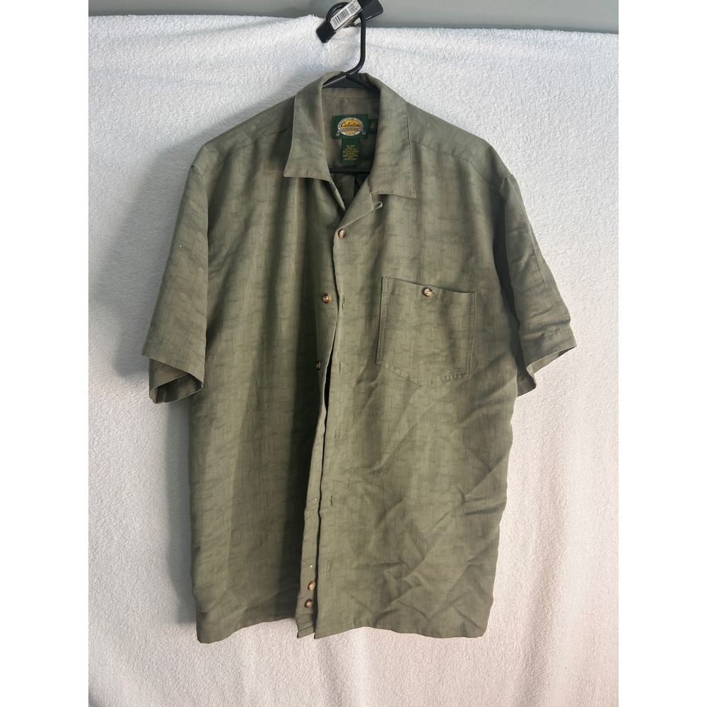 Cabelas Mens Short Sleeve Fish Jacquard Button Down Shirt Olive Green Medium REG